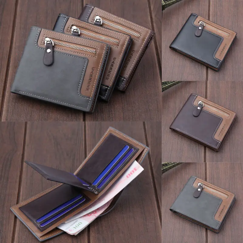 Mens Leather Wallet ID Credit Card Holder Clutch Bifold Pocket Zipper Coin Purse