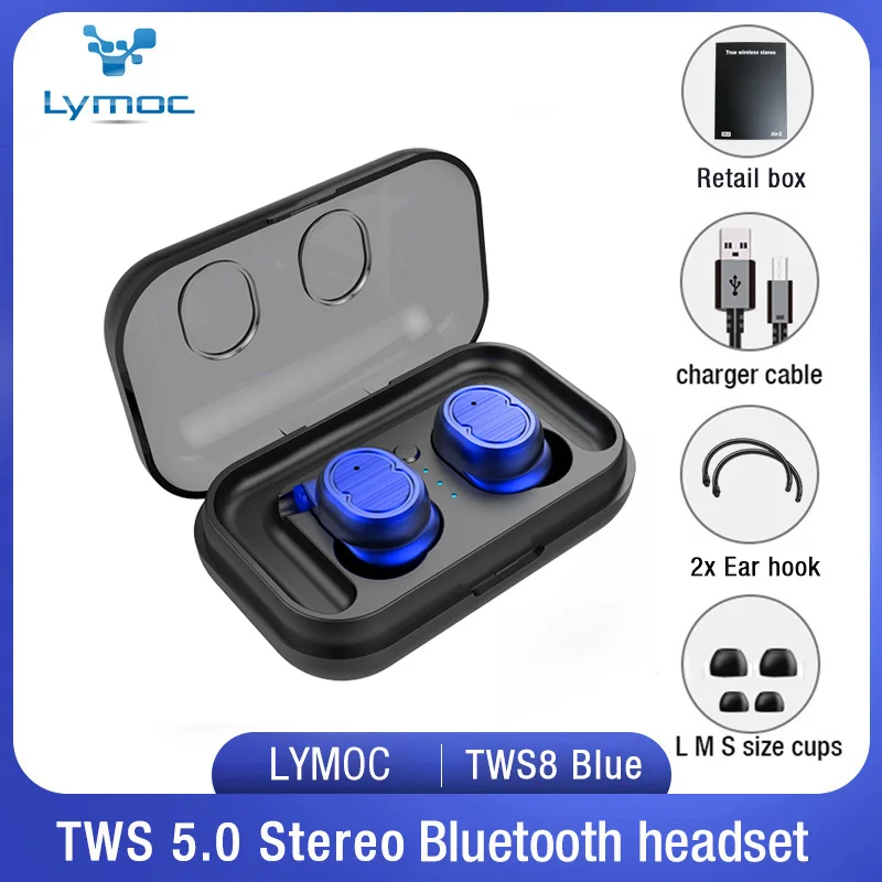 LYMOC TWS8 Bluetooth наушники 5,0 TWS беспроводные наушники мини наушники HiFi Звук Спорт водонепроницаемый HD микрофон громкой связи для всех телефонов - Цвет: Blue retail box