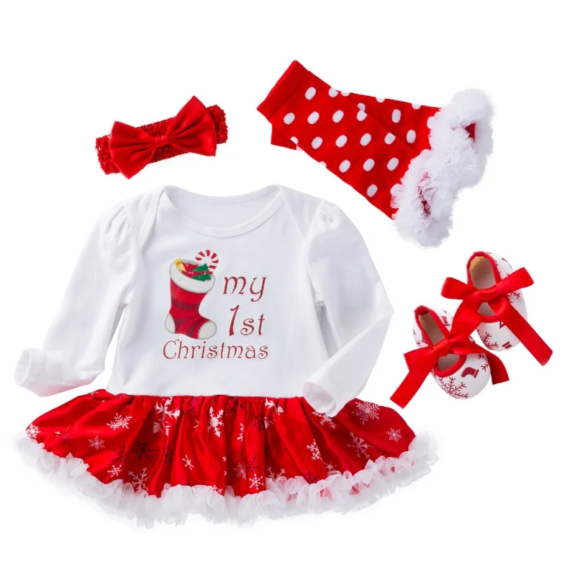 4 шт. Одежда для новорожденных девочек первый комбинезон для малышей Рождественский набор с платьем-пачкой вечернее платье+ повязка на голову+ туфли+ гетры - Цвет: A1-4PCS