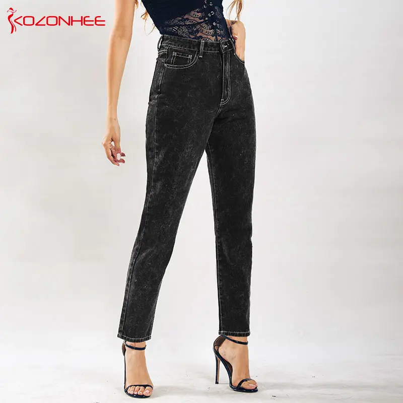 Свободные Джинсы бойфренда с высокой талией женские прямые черные джинсы