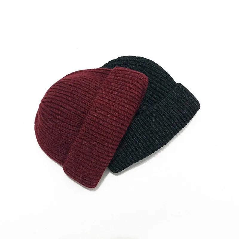 Men Knitted Hat Casual Short Beanie Skullcap Solid Color Hip Hop Cap Male Retro Navy Style Hat