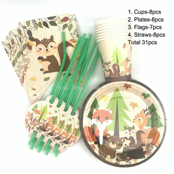 

31pcs/lot Woodland Animal Theme Party Disposable Tableware Forest Animal Birthday Baby Party Sets Party Decoration Supplies