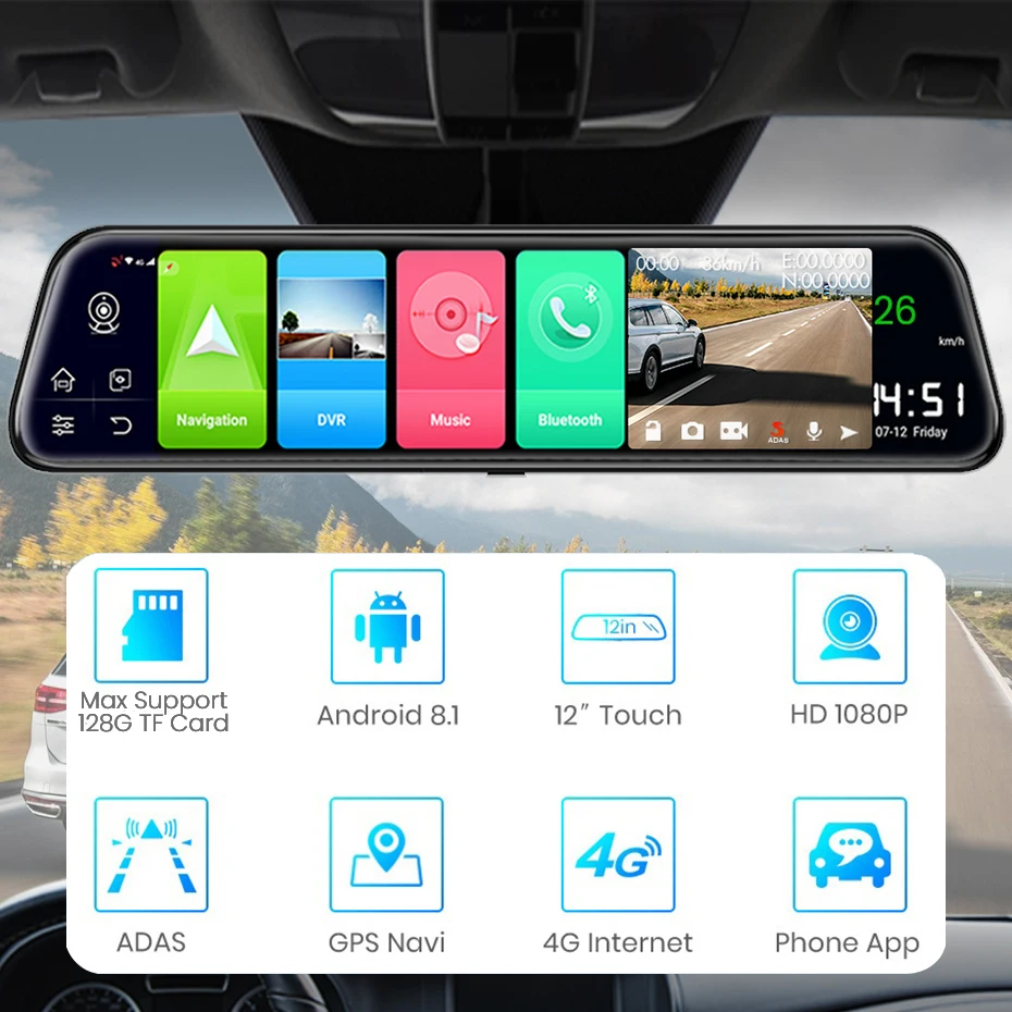 Автомобильный видеорегистратор 12 дюймов Android 8 1 4G Wi Fi GPS для автомобильного