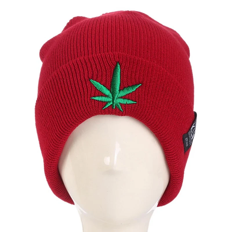 Men Women Winter Warm Beanies Hat Cannabis Leaf Pattern Soft Knitted Beanies Hat Caps for Adult Unisex - Color: BY