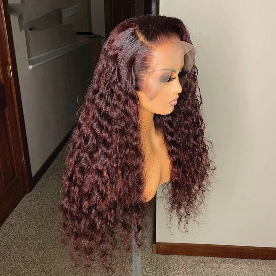 180 Density Red 99J Colored 13x4 Deep Curly Lace Front Human Hair Curly Wigs Full Soft  Preplucked With