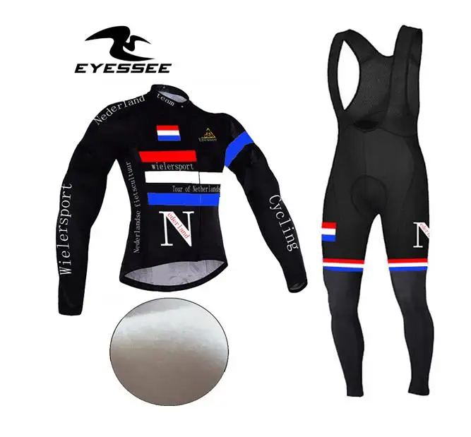 Eyessee брендовая Зимняя Теплая Флисовая велосипедная одежда Ciclismo netherland Велоспорт Джерси комплект флисовая с длинным рукавом велосипедная одежда - Цвет: Long strap set