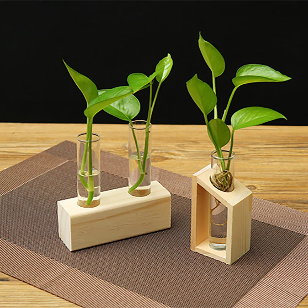 Creative Hydroponic Plant Transparent Test Tube Wooden Frame Vase Decoration Desktop Plant Bonsai Decorative Vase Frame