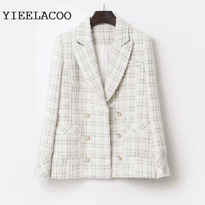 

Tweed jacket Beige plaid spring / autumn women's coat jacket Double-breasted ladies suit small fragrant wind jacket