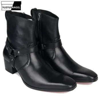 

Plus Size 46 Black Cowboy Boots Men Fashion Pointed Toe Zip Motorcycle Boots Genuine Leather Work Safety Booties Man Footwear