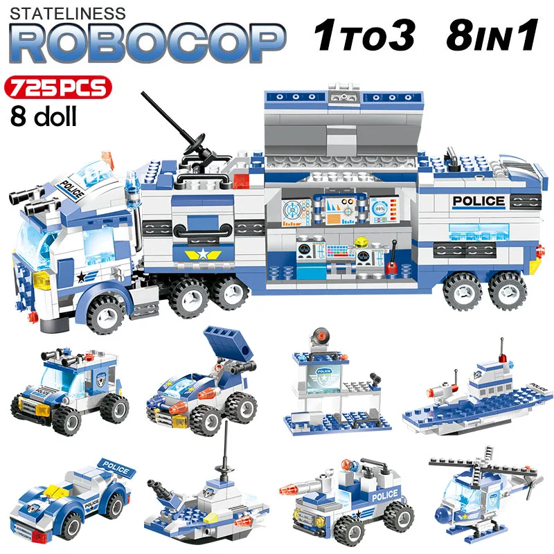 

725pcs 8 IN 1 City Police Station Building Blocks Compatible Legoinglys City Police SWAT Truck Car Bricks Toys for Boys Children