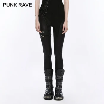 

PUNK RAVE Punk Rock Ladies Black Elastic PU Leather Knit Slim Leggings Women Bandage Lace Up Gothic Trousers Casual Pencil Pants