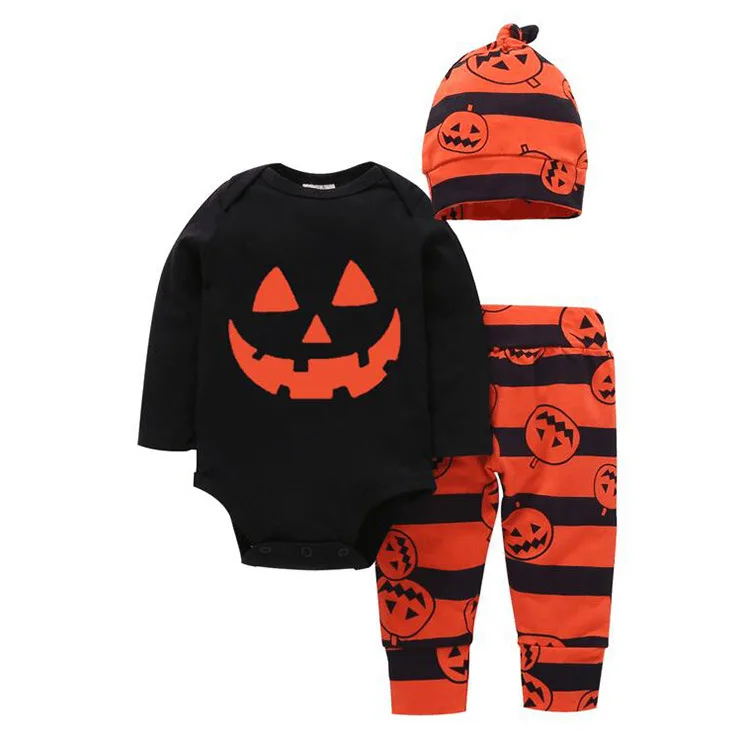

3PCS Infant Baby Clothes Sets 2019 My first Halloween Long Sleeve Romper+Pumpkin Pants+Hat Newborn Bebe kids clothing outfits