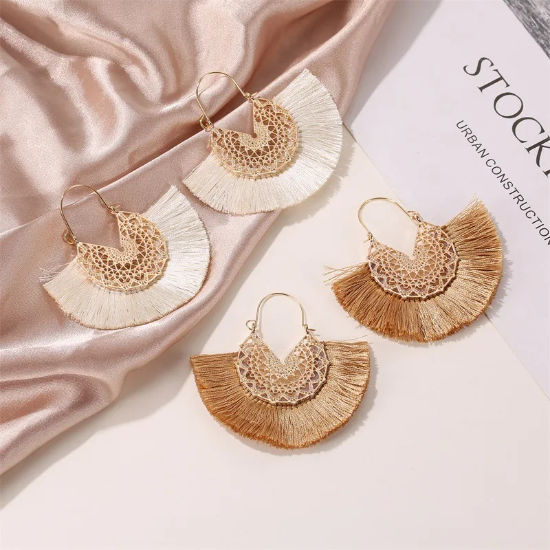 Tassel Lace Fan Retro Pattern Red Alloy Blue Khaki Black Grey White Yellow Dangle Earrings & Drop Earrings for Women 4