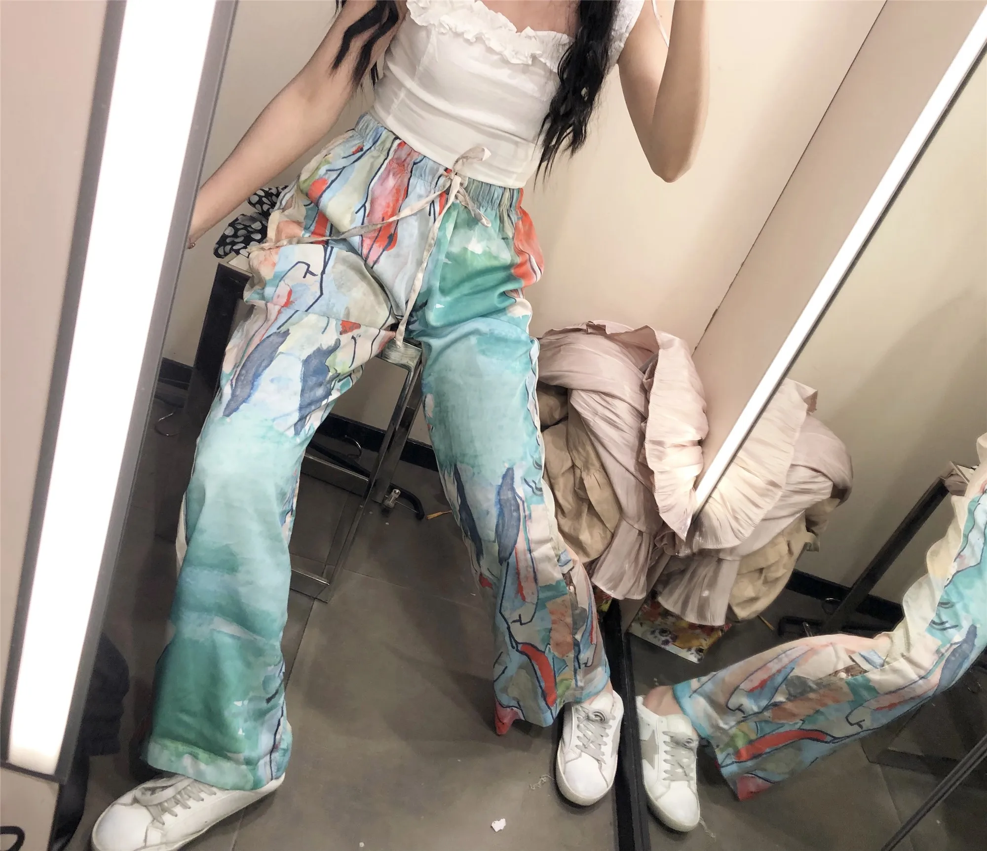 CHEERART Watercolor Print Wide Leg Pants Women Summer Trousers Loose High Waist Drawstring Pants Fashion Streetwear Trendy