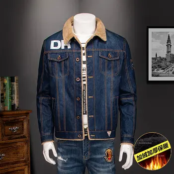 

Classic Blue Men's Denim Jacket Thick Cotton Cashmere Warm Man Cowboy Outerwear Male Clothes Coats Large size 6XL 5XL S1111