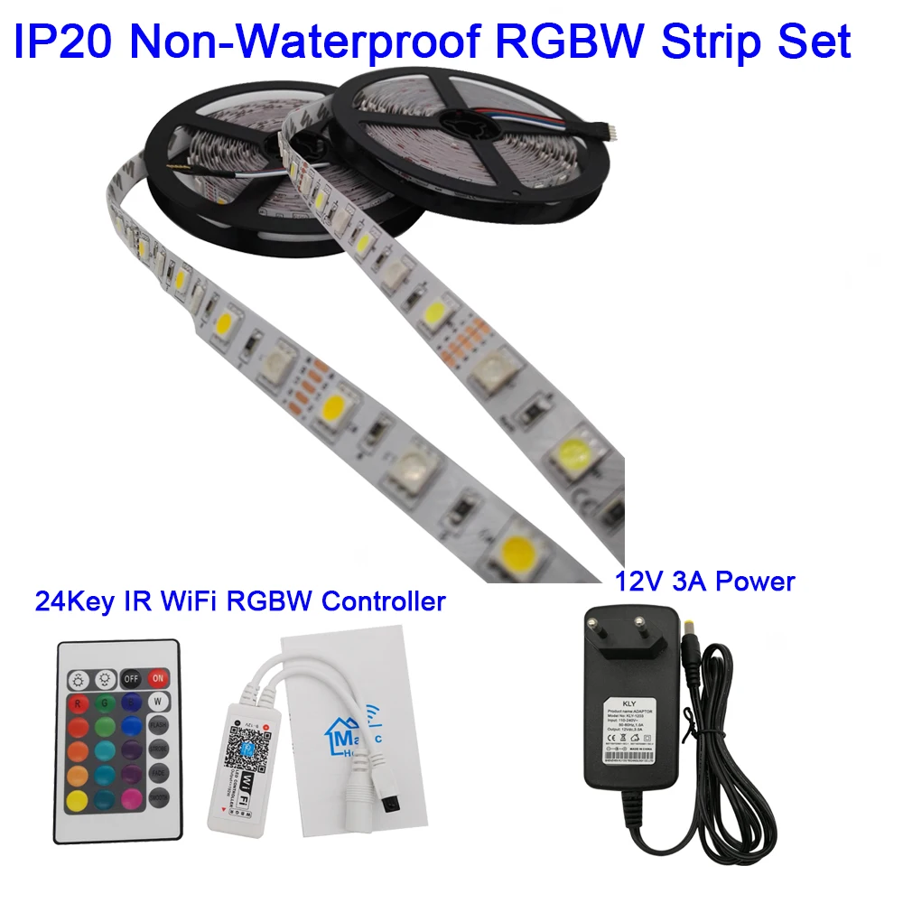 White PCB IP20 Set DC12V 5050 LED Strip RGBW RGBWW 60LEDs/m 5m with mini 24Key IR WiFi Controller 3A Power Supply LED Strip Set Support APP Control - Испускаемый цвет: White PCB IP20 Set