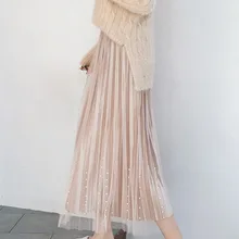 Новинка, модная одежда для девушек, женские юбки черного и синего цвета, Золотая Бархатная сетчатая однотонная Повседневная Женская юбка с бисером