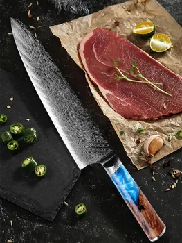 

Chef's Nakiri Damascus Steel Knife Set Resin Wood Handle 67 Layers Japanese Damascus Chef 8 Inch Kitchen Knife Gift Box Covers