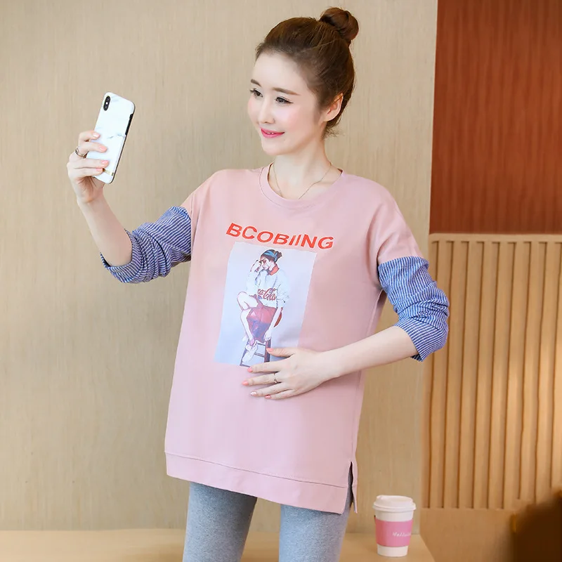 

Pure Cotton Mock Two-Piece Pregnant Women Spring And Autumn Tops Fashion Models Joint Loose-Fit Pregnant WOMEN'S T-shirt Base Sh