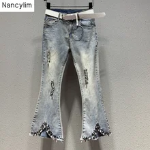 Летние Осенние Джинсы Женские Новые бусины разной формы рваные джинсы женские Высокая талия показать тонкие широкие ноги три четверти Microbell брюки