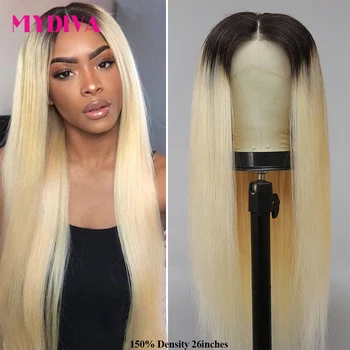 

Middle Part Lace Front Wig Peruvian Straight 1B/613 Blonde Lace front Human Hair Wigs Pre-Plucked Hair 150% 13*1 Lace Remy Wig