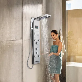 

Brushed nickel Bathroom Shower Column Black LED Shower Panel Rainfall Shower Faucets Digital Screen 6 Modes Mixer Tap
