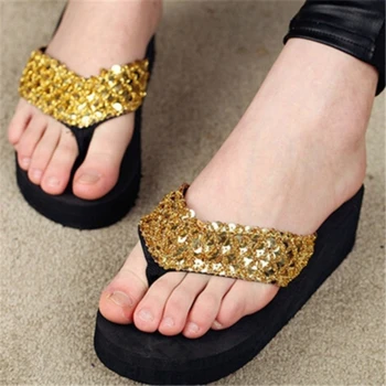 

2020 Women EVA Sequins Beach Slippers Flip Flops Sandals Casual Women Wedges Platform Slippers Summer Bling PU Med (3cm-5cm)