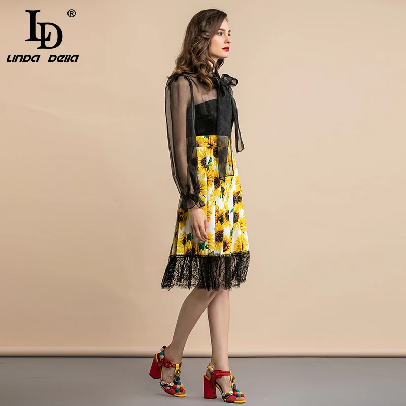 LD LINDA делла осеннее модное подиумное винтажное платье женское плиссированное платье из органзы в стиле пэчворк с цветочным принтом кружевное праздничное платье