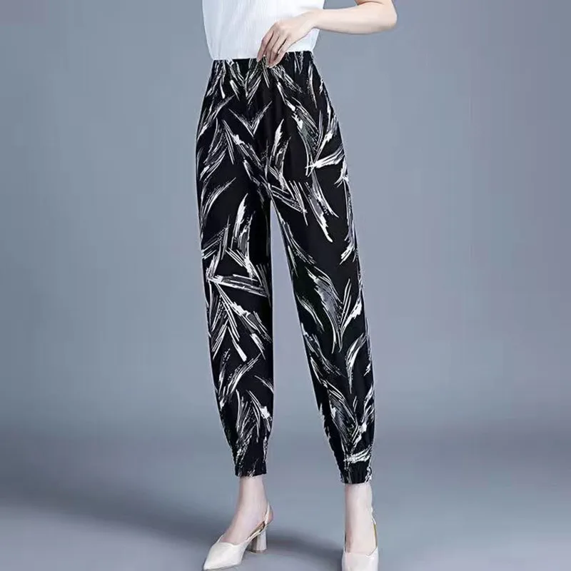 Summer Pants Women Cool Rayon Loose Drawstring Print Dot Casual Mom Sweatpants Big Size Fashion Harem Print Trousers