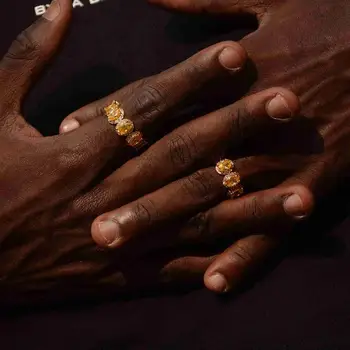 

US size 8 9 10 gold yellow cz ring oval agg shaped cubic zirconia engagement band hip hop color stone finger rings men women