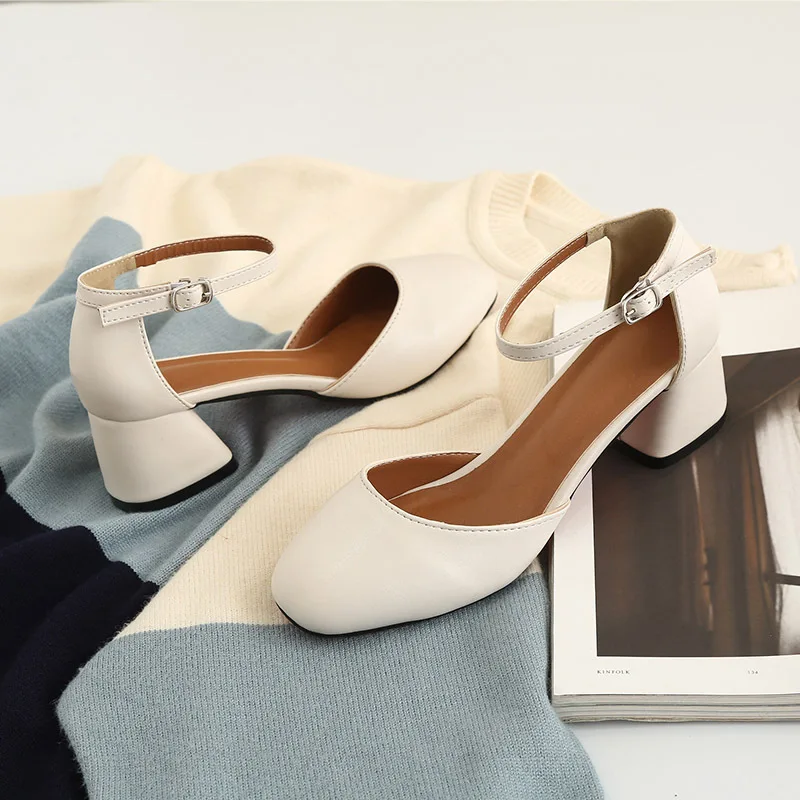 

2019 Spring And Autumn New Style Korean-style Square Head Low-Cut Semi-high Heeled Chunky-Heel Elegant Simple A- line Buckle WOM