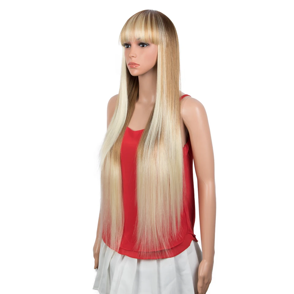 FASHION IDOL Synthetic Wig With Bangs 36 Inch Long Straight Wig Cosplay Ombre Blond Wigs For Black Women Heat Resistant Fiber