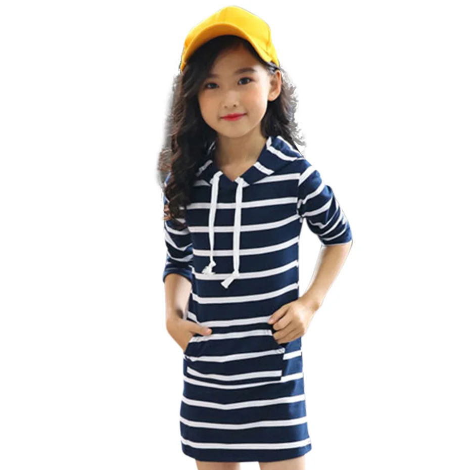 Dress Girl Striped Dresses For Slim Hooded Kids Autumn Novelty Cotton Clothes Girls Christmas 6 8 10 12 14 Year | Детская одежда и