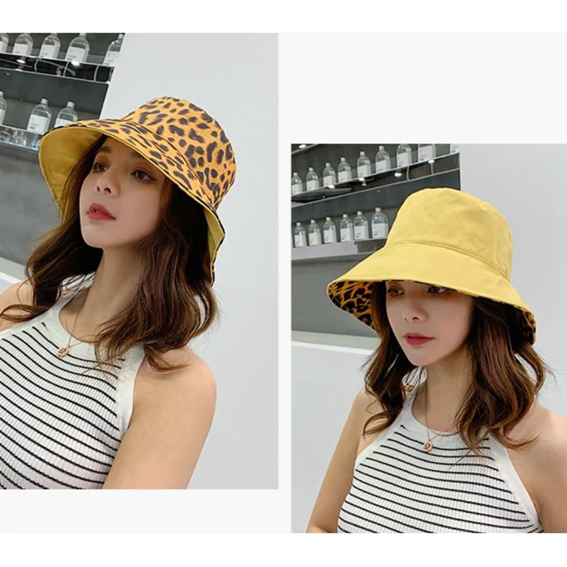 Women Bucket Hat Leopard Print Comfortable Breathe Foldable Beach Flat Top Sun Fishing Hat Flat Panama Hat Street