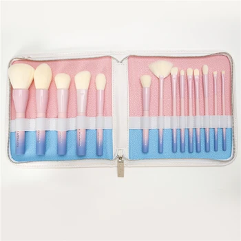 

DropShipping Gradient Color Professional Makeup Brushes Set Pro 14pcs Cosmetic Brush Kit with Leather Bag Pink Yellow