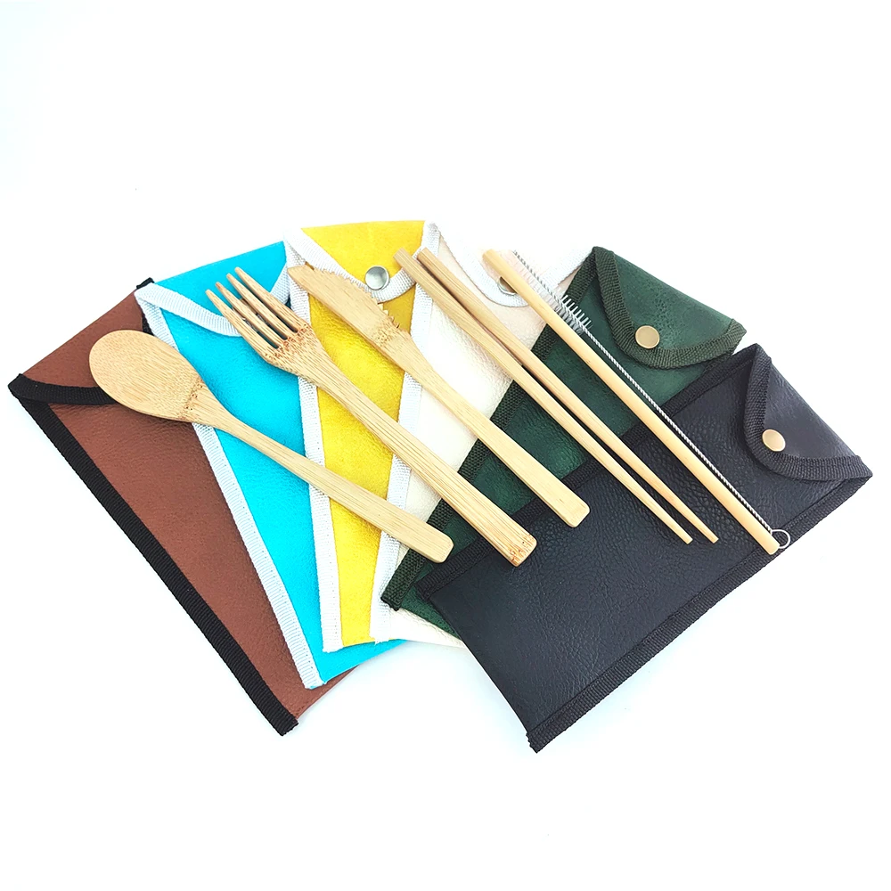 

High quality Bamboo Cutlery Set Portable Flatware Set Travel Tableware Set Eco Friendly Spoon Fork Chopsticks and Cloth bag