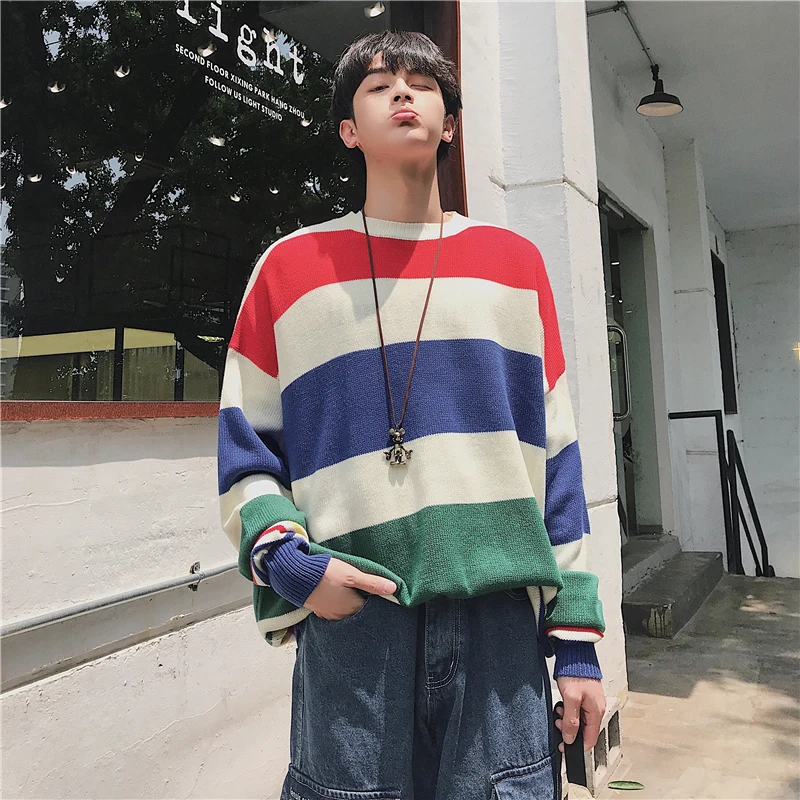 LAPPSTER мужской свитер в полоску Harajuku зимний Корейский модный свитер для улицы мужской хип хоп большой пуловер Одежда - Цвет: Black