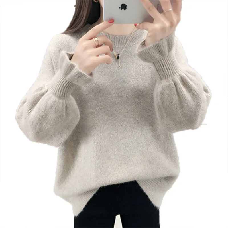 

Womens Winter Sweaters Knitting Sweaters And Pullovers Pure color Mohair Simple Fashion O-Collar Retro Lantern Sleeves sweater