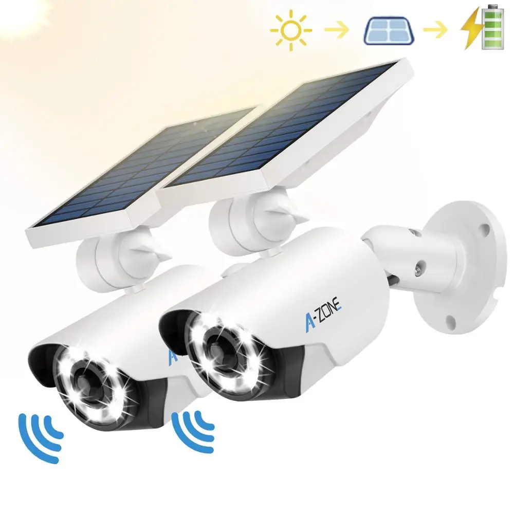 

A-ZONE 2PCS Outdoor Solar Panel LED Light Fake Secutiry Camera Waterproof PIR Motion Sensor Dummy Surveillance Bullet Camera