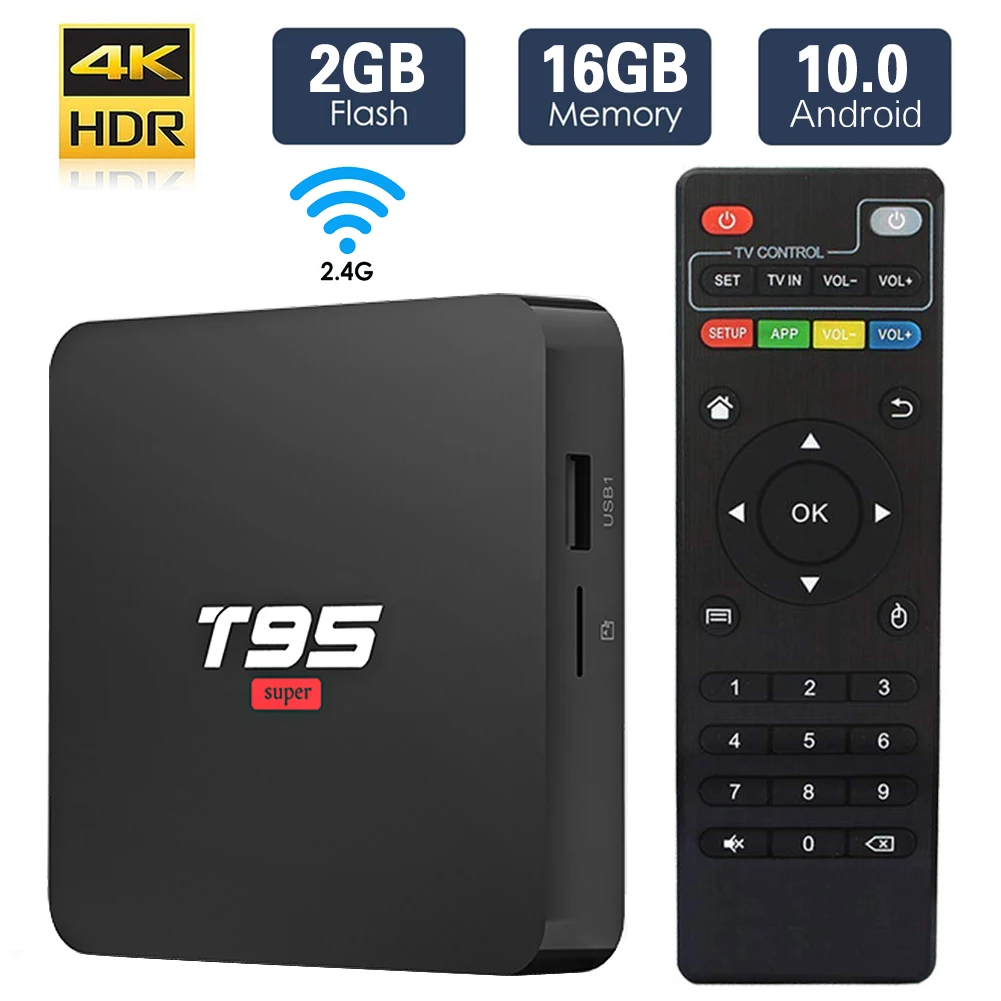 ТВ приставка T95 супер, Android 10 ТВ приставка 2 ГБ DDR3 16 Гб EMMC Allwinner H3 четырехъядерный с поддержкой WiFi 2,4 ГГц 3D 4K Android приставка