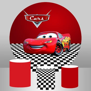 

Cartoon Moive Car Story Black White Grid Red Backgrounds for Photography Racing Car Mobilization Birthday Party Round Backdrops