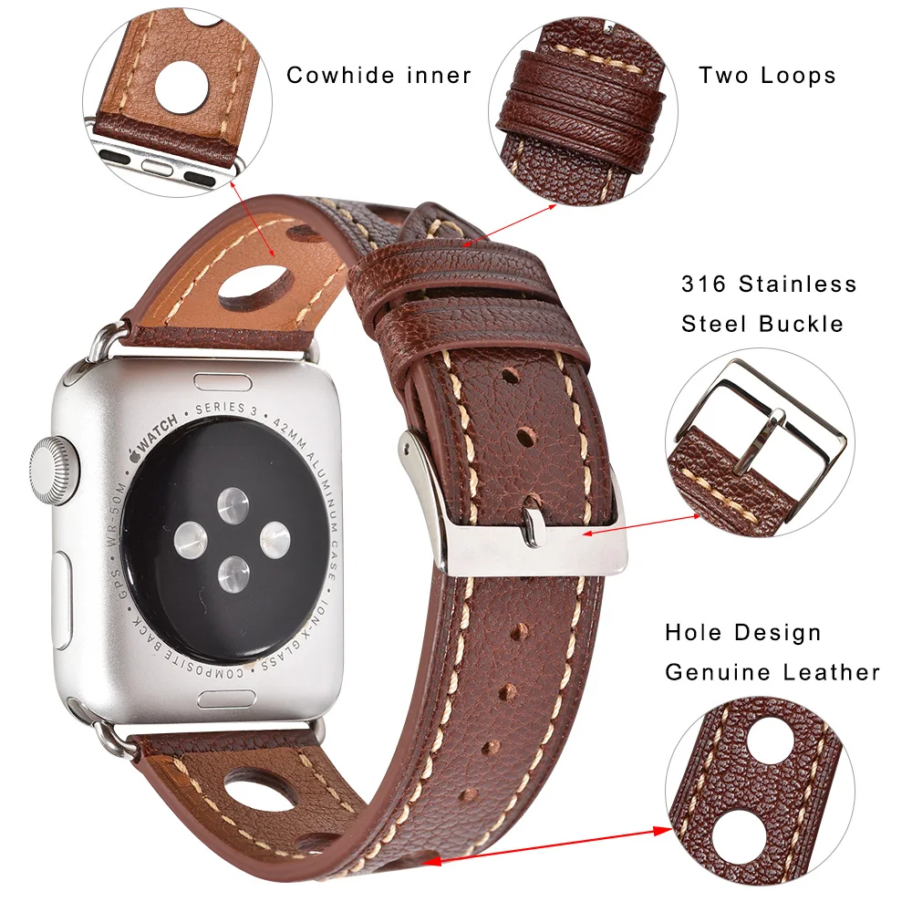 BEAFIRY Hole Design Leather Wristband For Apple Watch band 4 44mm for iwatch Strap 42mm Brown Black for men women Watchband