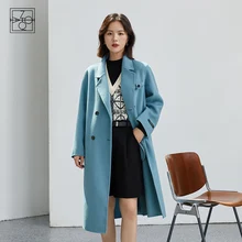 

ZIQIAO Women's Winter Suit Collar Double-sided Straight Woolen Jackets Temperament Blue British Style Long Women Cashmere Coats
