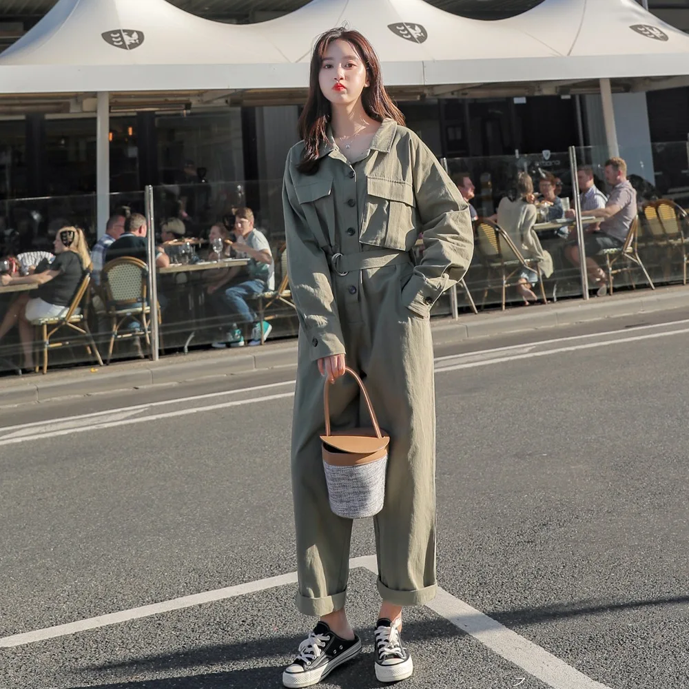 

Fashionable Korean-style Romper Suit 2019 Autumn New Style WOMEN'S Dress Retro CHIC-Style Waist Hugging Lace-up Cargo Overalls