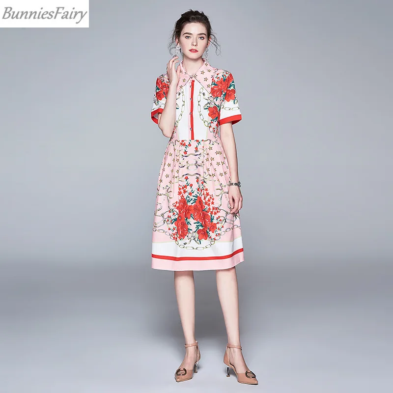 BunniesFairy Лето Осень женское милое элегантное платье-рубашка средней длины с коротким рукавом, красными розами, звездами, цепочками и цветочным принтом