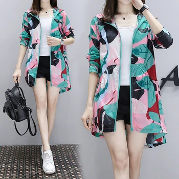 

Medium Long Trench Coat Women Casual Loose Vintage Geometric Patterns Thin Coat Spring Summer Woman Hooded Plus Size Windbreaker