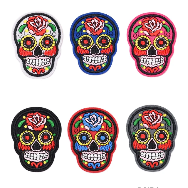 Skeleton Skull Patches For Clothing Badges Goth Gothic Embroidered Appliques Sewing Iron On Patch Tranfer Sticker For Clothes 12  6pcs