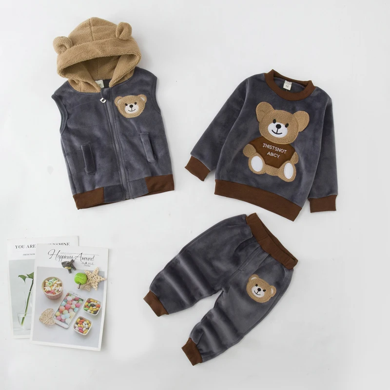 Children's Clothing 2021 Winter New Girls Clothes Suit For Boy 3ps Kids Thickened Cashmere Hat Cartoon Bear Sports Set |