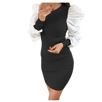 

Glamorous Black Sheer Contrast Mesh Gigot Sleeve Pencil Plain Slim Dress Women Casual 2019 Summer Puff Sleeve Dresses