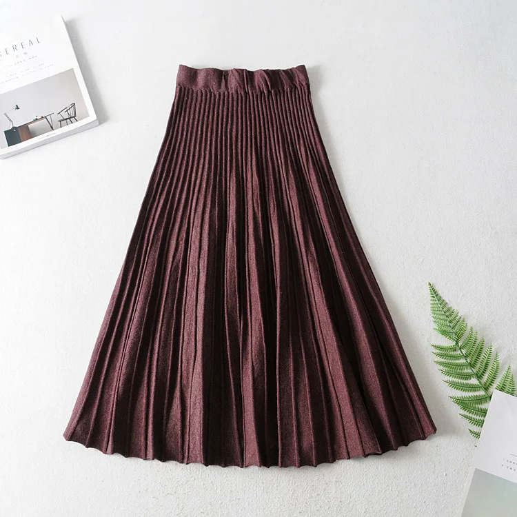 

dark grey wine red black flexible stretch high waisted midi pleated warm knitted skirt for women womens skirts saia saias faldas